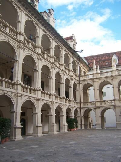 The arcaded inner courtyard of the Landhaus.  Behind the round arched windows the Styrian regional parliament convenes